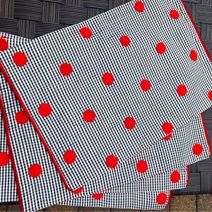 4 Mackenzie-Childs Wonderland Gingham Silk Placemat Black White Check Red Dot